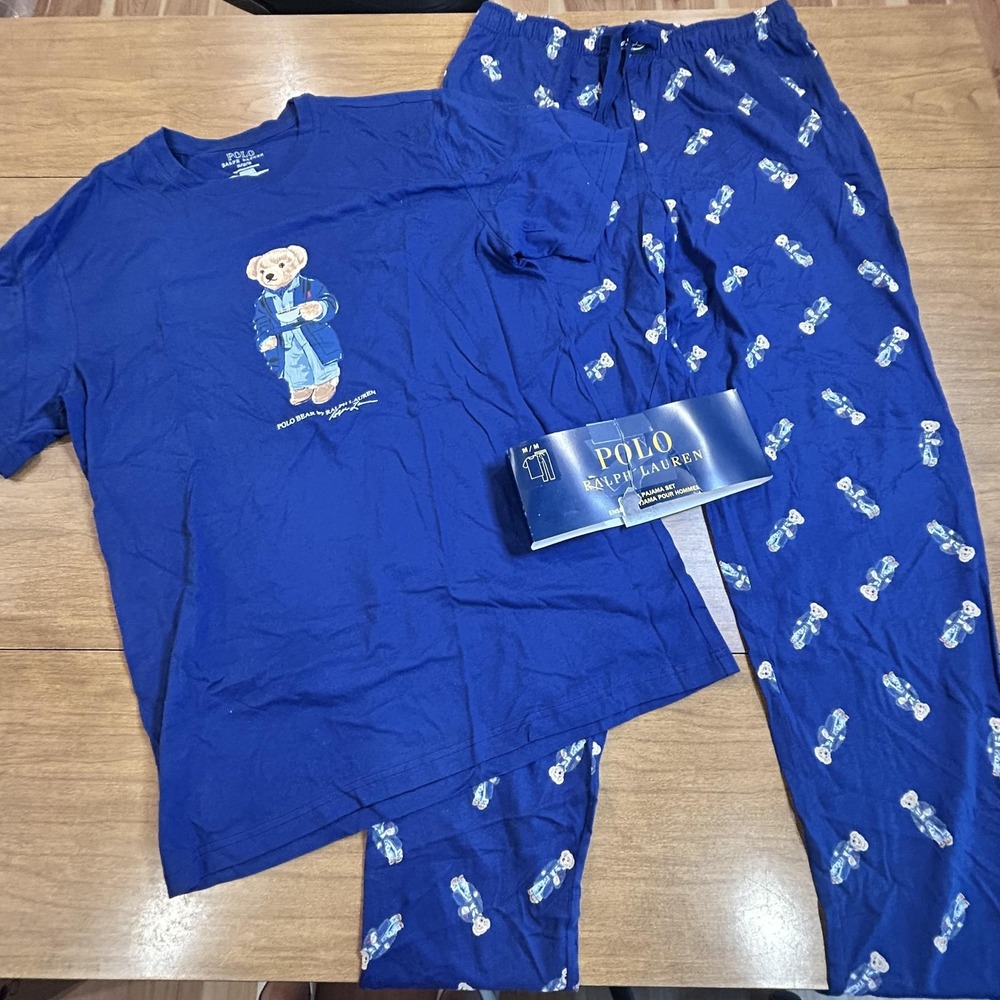 Polo Ralph Lauren Pajama Set Mens M Blue Polo Bear Cotton 2 Piece Sleepwear $105